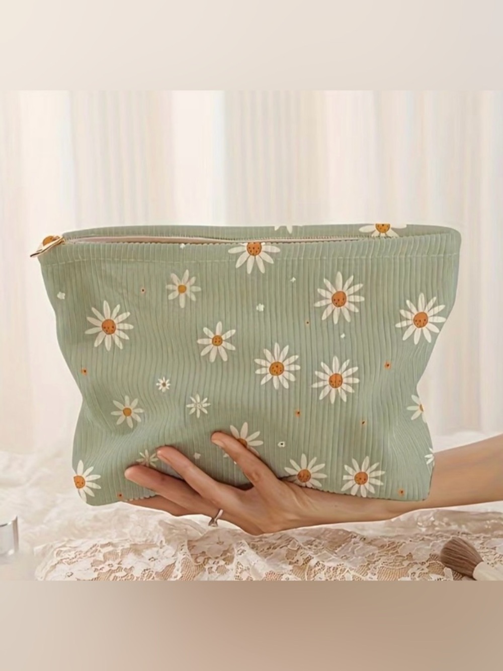 NEW Cute Daisy Makeup Bag Corduroy Cosmetic Travel Pouch Aesthetic Organizer